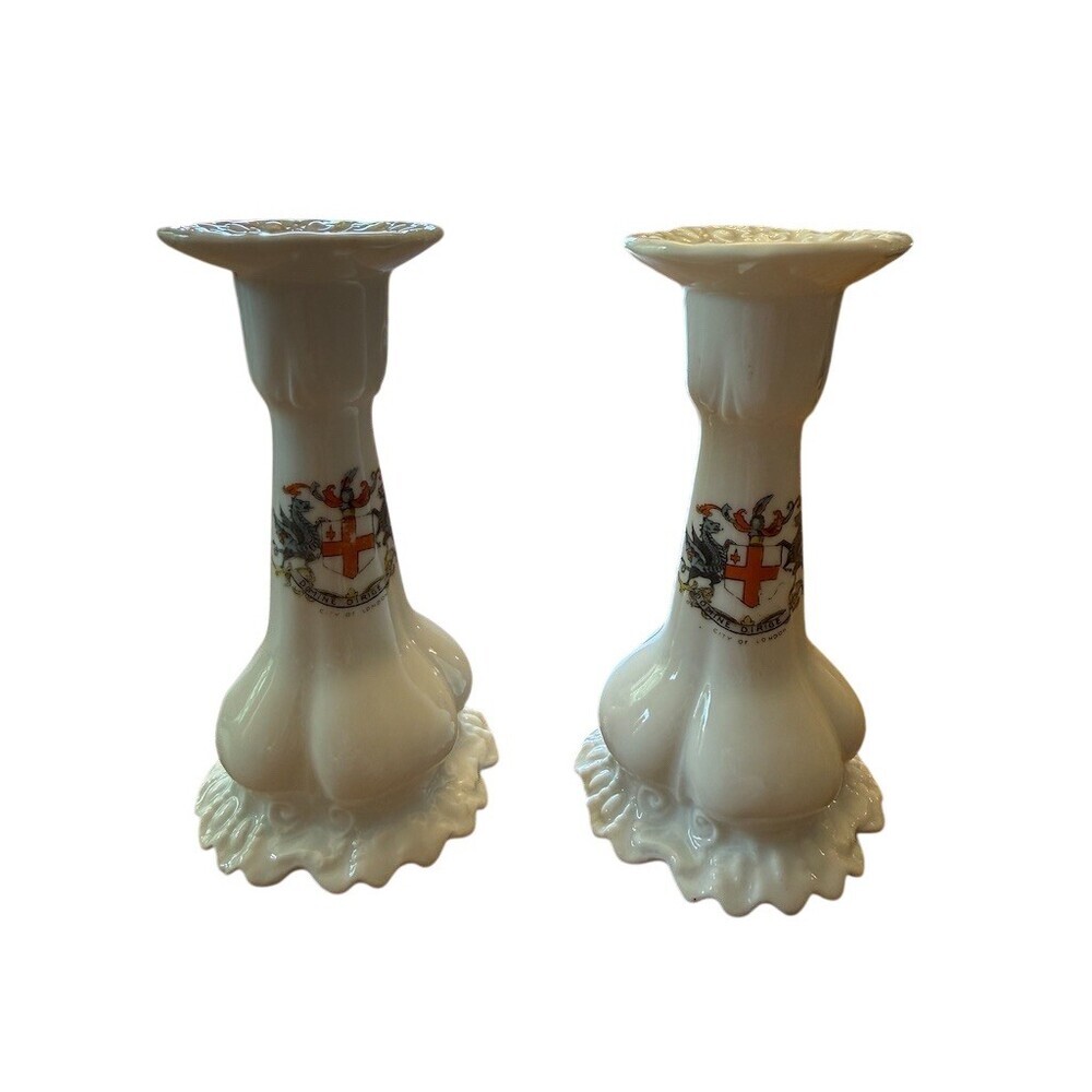 Westmoreland Candle Holders Pair White City of London Coat of Arms Vintage